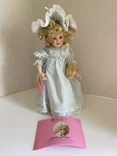Paradise Galleries Porcelain Doll Elizabeth & Bear Blue Dress Bonnet Signed 12"