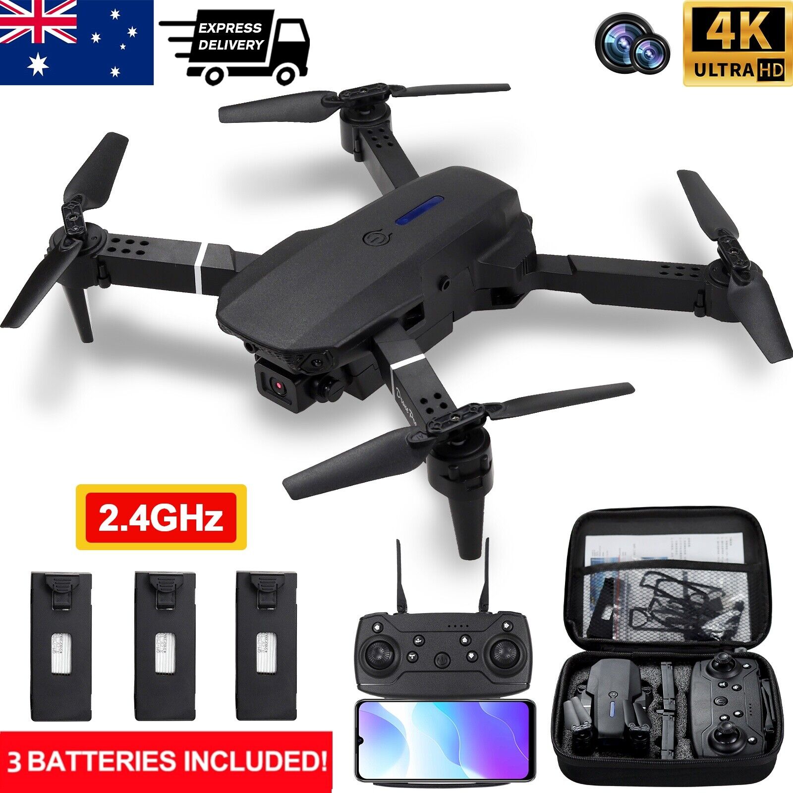 4K Drone with HD Camera Drones WiFi FPV Foldable RC Quadcopter 3 Batteries AU