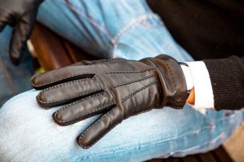 GUANTI UOMO PELLE CASHMERE NERO 100% Made In Italy Leather Gloves Black ELIANTO - Foto 1 di 11