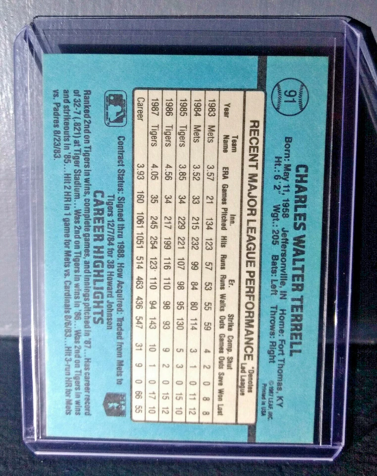 1988 Walt Terrell Donruss #91 Baseball Card - Image 2 of 2