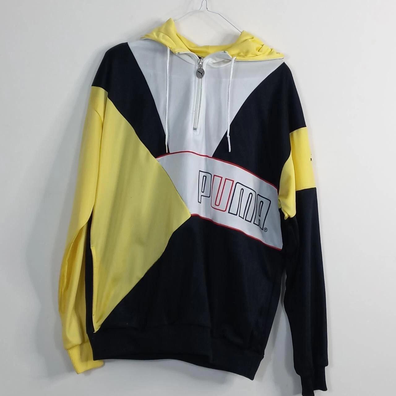 Puma Black Yellow Retro Hooded Jumper Size Medium 38" Chest Old Skool Sportswear
