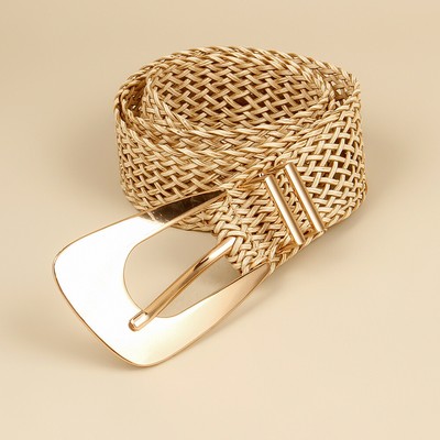 Vintage Bohemian Elastic Braided Belt - White Beige Gold Triangle Buckle