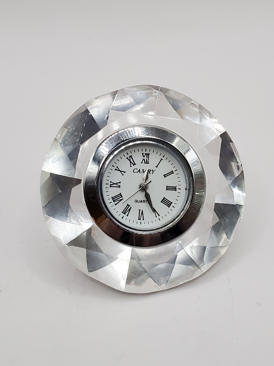Camry Quartz Tabletop Crystal Clock Paperweight Silver Tone 45mm