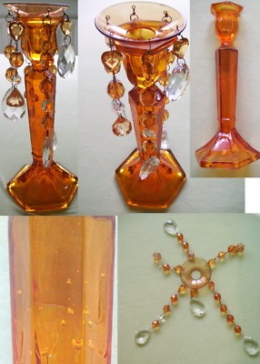 Lüsterschale Behang Tropfschale Kerzenständer Kristall Klunker Glas Orange H=27