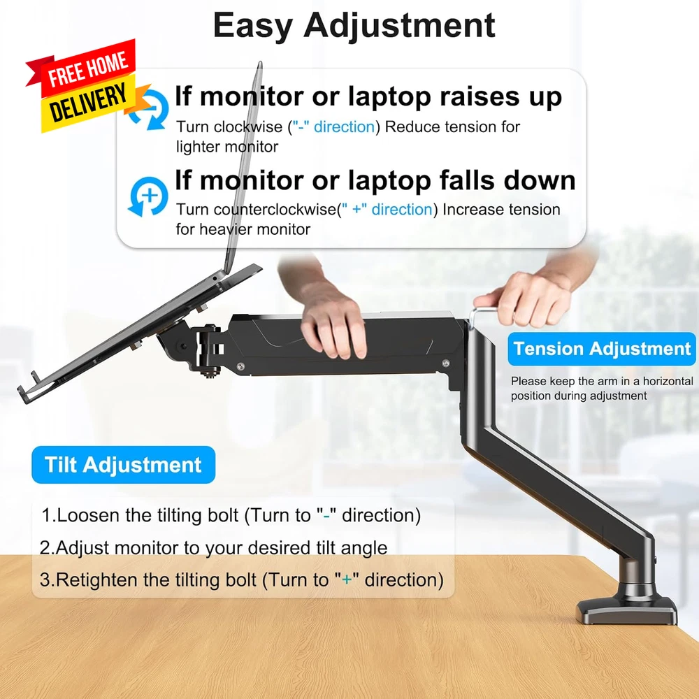 Laptop Stand Desk Mount with Gas Spring and Dual Monitor Function
