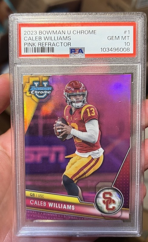 2023 Bowman University Chrome - Caleb Williams #1 Pink Refractor (RC) USC PSA 10