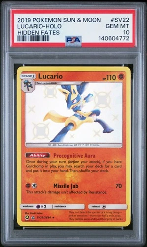 2019 POKEMON SUN & MOON HIDDEN FATES #SV22 LUCARIO-HOLO PSA 10