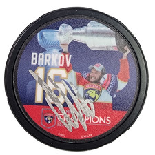 Aleksander Barkov Signed Florida Panthers 2024 Stanley Cup Photo Hockey Puck BAS