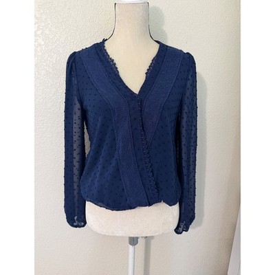 Francescas Mi Ami Navy Blue Swiss Dot Lace Trim V-Neck Blouse Women's Size  M