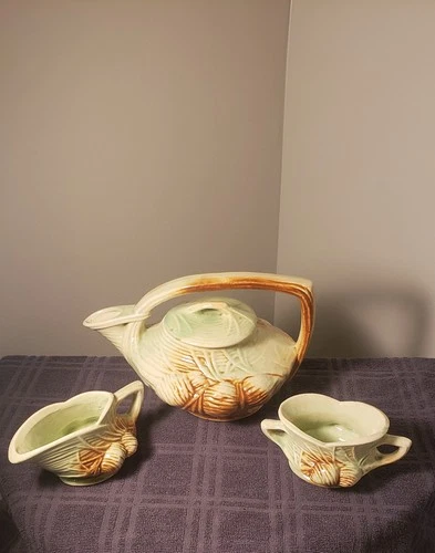 McCoy Pottery Green Brown Pine Cone Tea Set; Tea Pot Creamer & Sugar 1950's