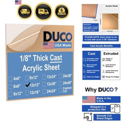 Duco -Made Clear Cast Acrylic Sheet 1/8 Inch Thick 12'' x 12'' - 1 Pack of Tran...