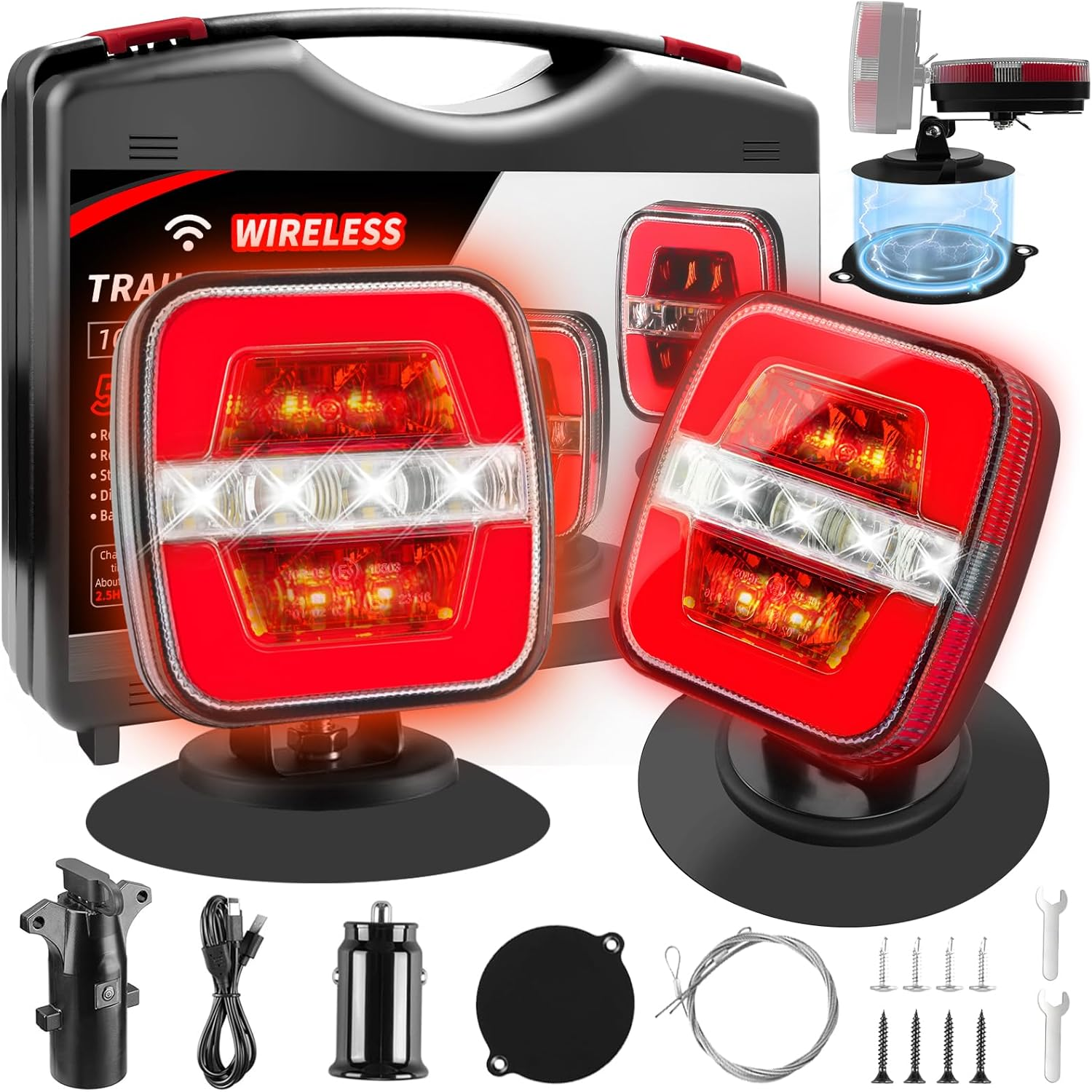Upgraded Wireless Trailer Lights Magnetic, Rechargeable Tow Light Kit with Adjus