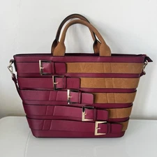 Dasein Faux Leather Buckle Satchel Handbag Women's Maroon Tan