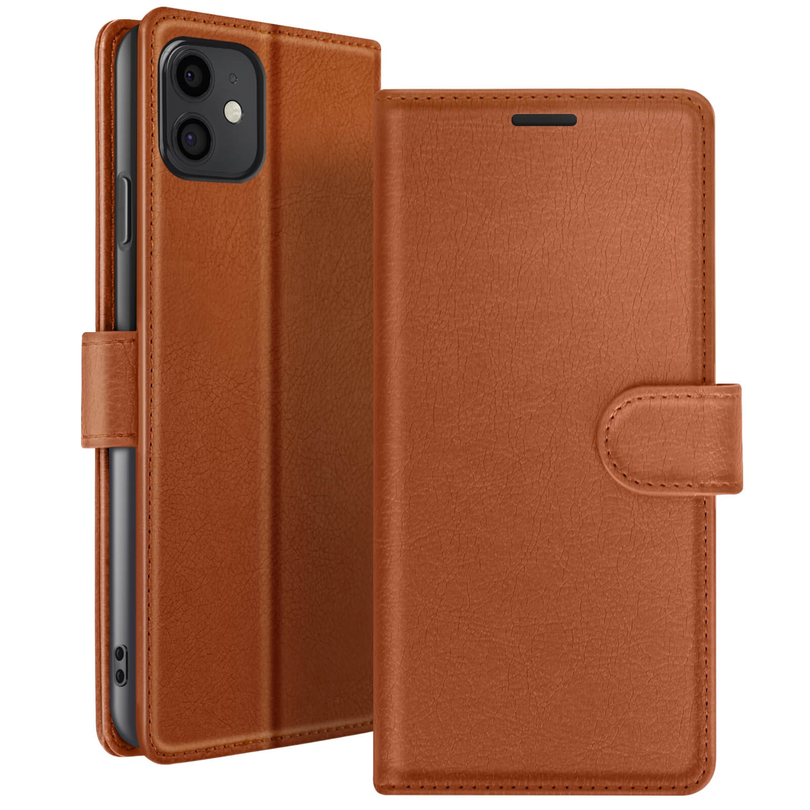 Étui portefeuille iPhone 11 marron avec support rabattable marque Zanaé
