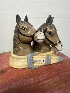 Stoneware Horse Heads Salt and Pepper Set With Stoneware Belt Shape Holder