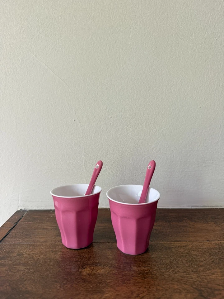 Vintage Espresso Cups and Stirrer Spoon Set of 2 in Pink Crate & Barrel - Image 2 of 4