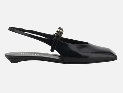 Prada Black Leather Square Toe Mary Jane Slingback Ballerina