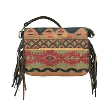 American West Womens Woven Tapestry Zip Top Green/Red Leather Crossbody Bag OS