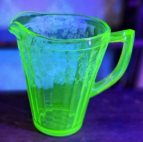 Uranium Vintage Green Cherry Blossom Depression Glass Pitcher Jeanette Cherries