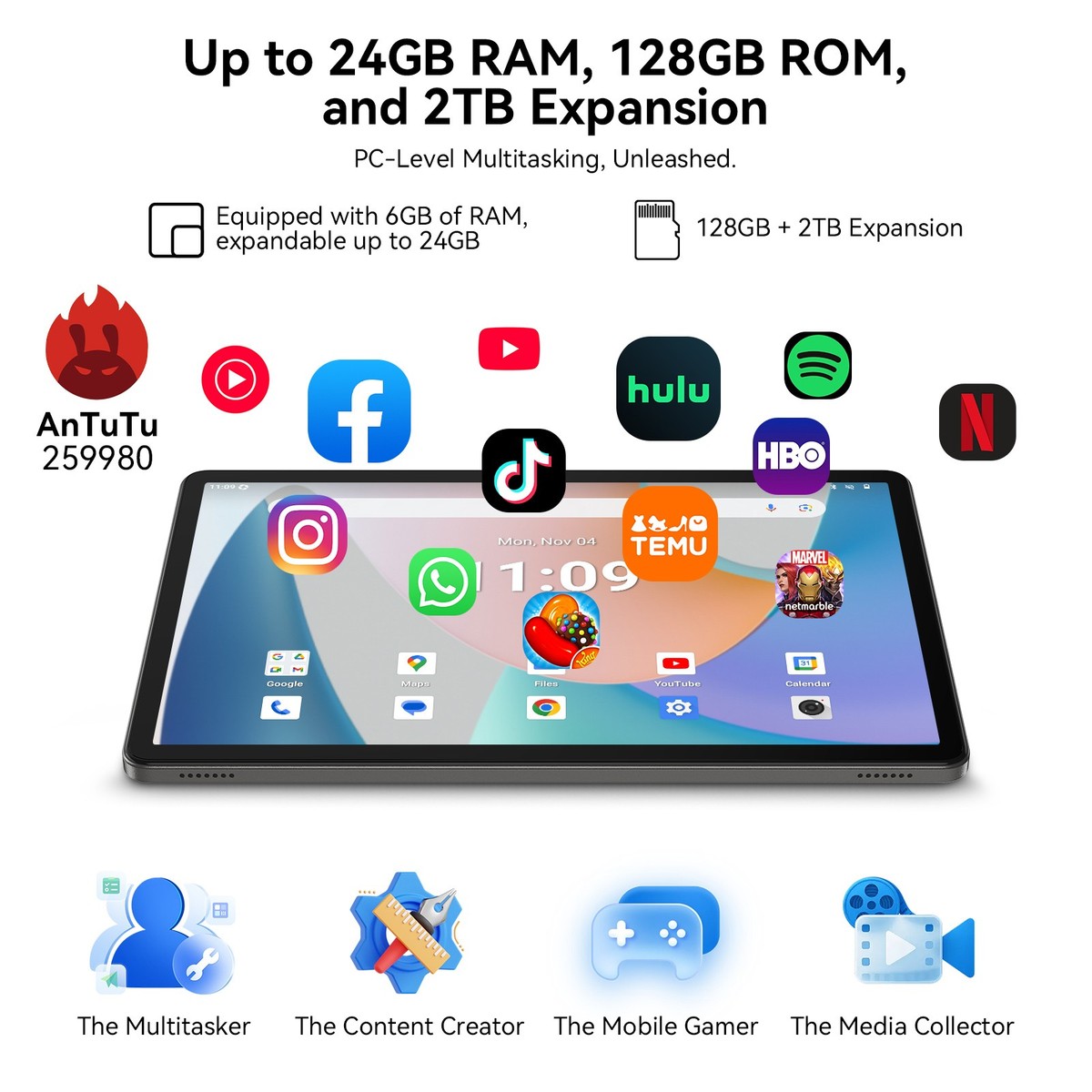 TABWEE T50 Android 16 Tablet 11 Inch 24GB+128GB Octa-Core T615