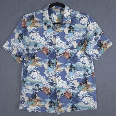 Paradise Collection Hawaiian Shirt Mens Medium Silk Tropical Hula Girl Beach