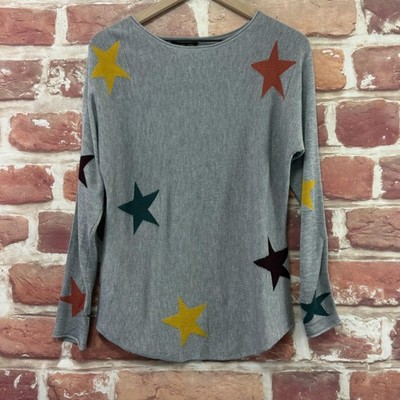 Rachel Zoe Sweater Womens S Gray Multicolor Stars Crew Neck Casual Popover Knit