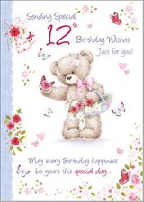 Doodlecards 12th Birthday Card Age 12 for Girl Cute Teddy's Flowers and
