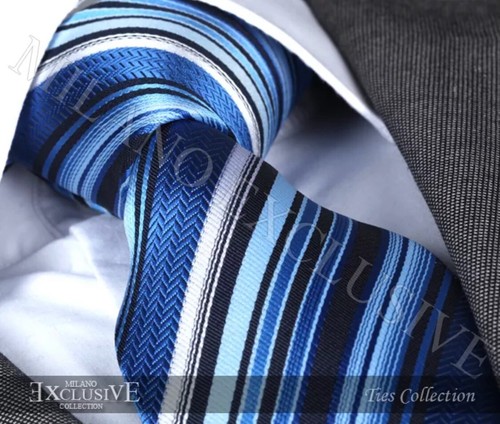 ITALIAN DESIGNER Milano Exclusive Blue & Black STRIPE TIE & Hanky - Picture 3 of 3
