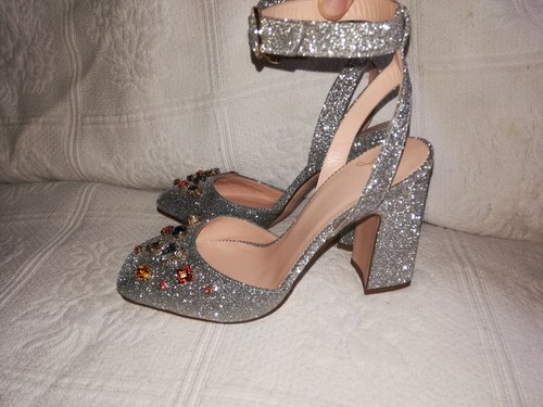 J.Crew Harlow Silver Glitter Bejeweled Ankle-Strap Pumps Wedding Block Heels (Y) - Picture 4 of 9