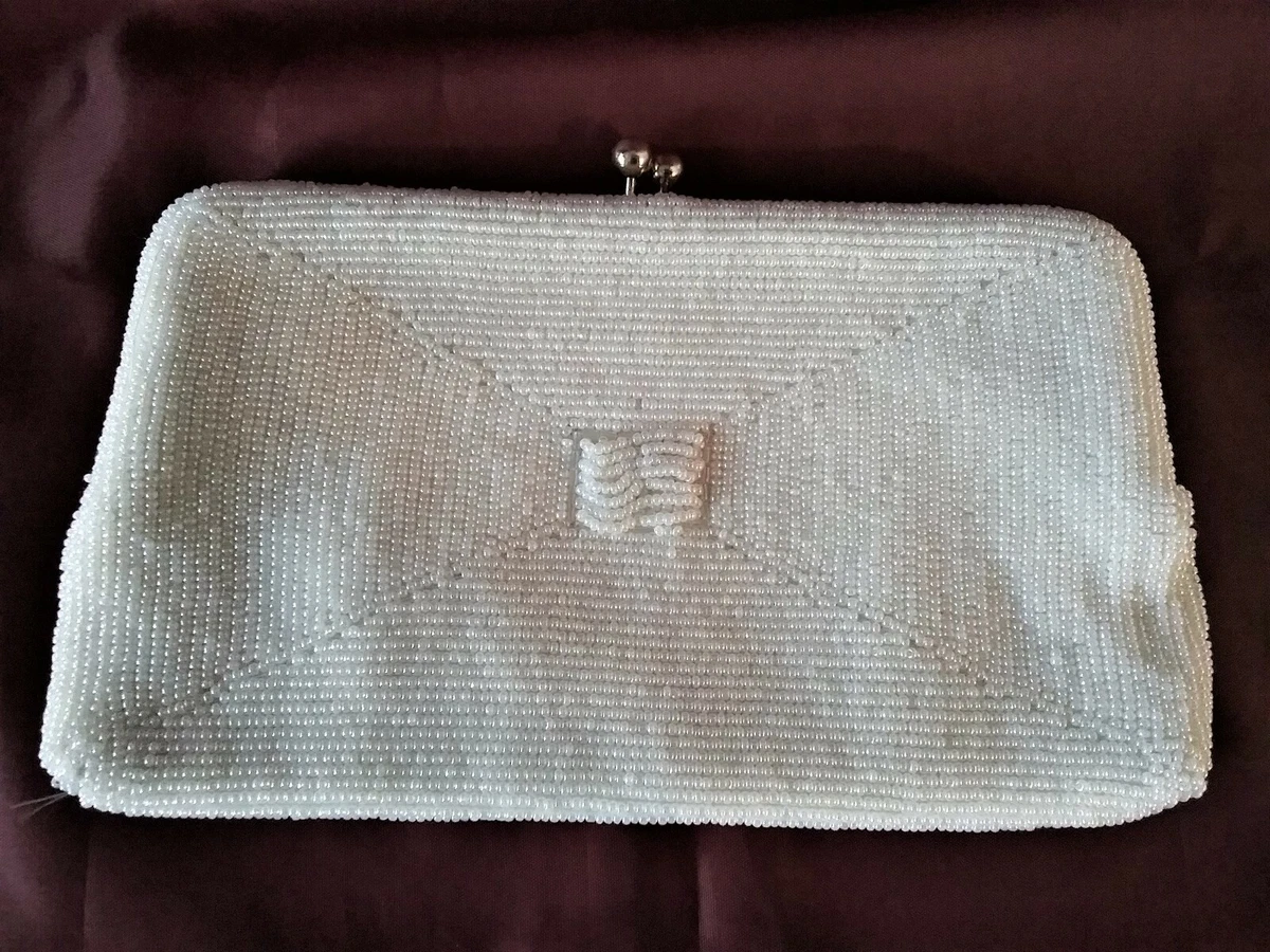 Vintage Walborg White Beaded Evening Clutch Bag, Hand Made in Japan, Gold  Chain