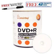 100 Smartbuy 16X DVD+R 4.7GB White Inkjet Printable Disc +Black Permanent Marker