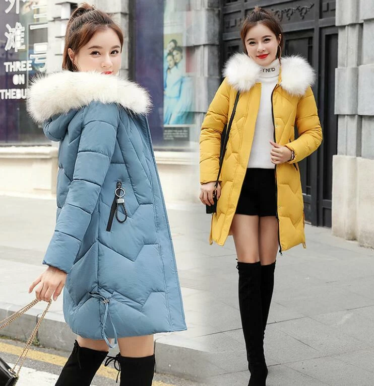 Women's Winter Cotton Jacket Ladies Fur Collar Hooded Jackets Long Puffer  Jacket