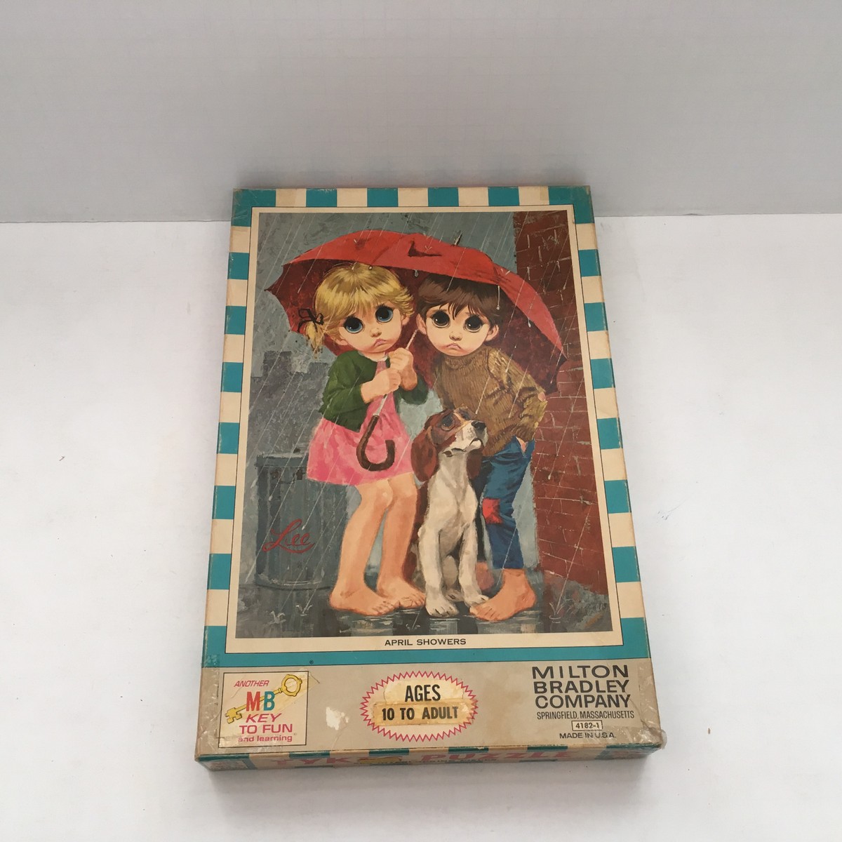 big eyes by lee boy with dog fishing pole vintage Lee big sad eye kids girl boy dog April showers rain tykes puzzle  art
