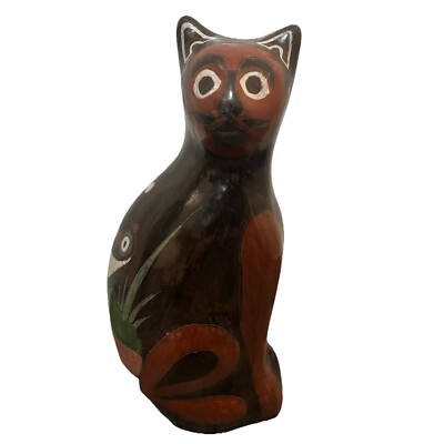 Vintage Mexican Brown Painted Ceramic Pottery Cat with Owl Design Figure Statue