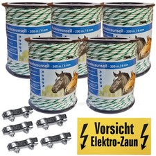 1000 m Weidezaunseil 6 mm 6Niroleiter+3Kupfer+5Verbinder+Warnschild weiss-gruen
