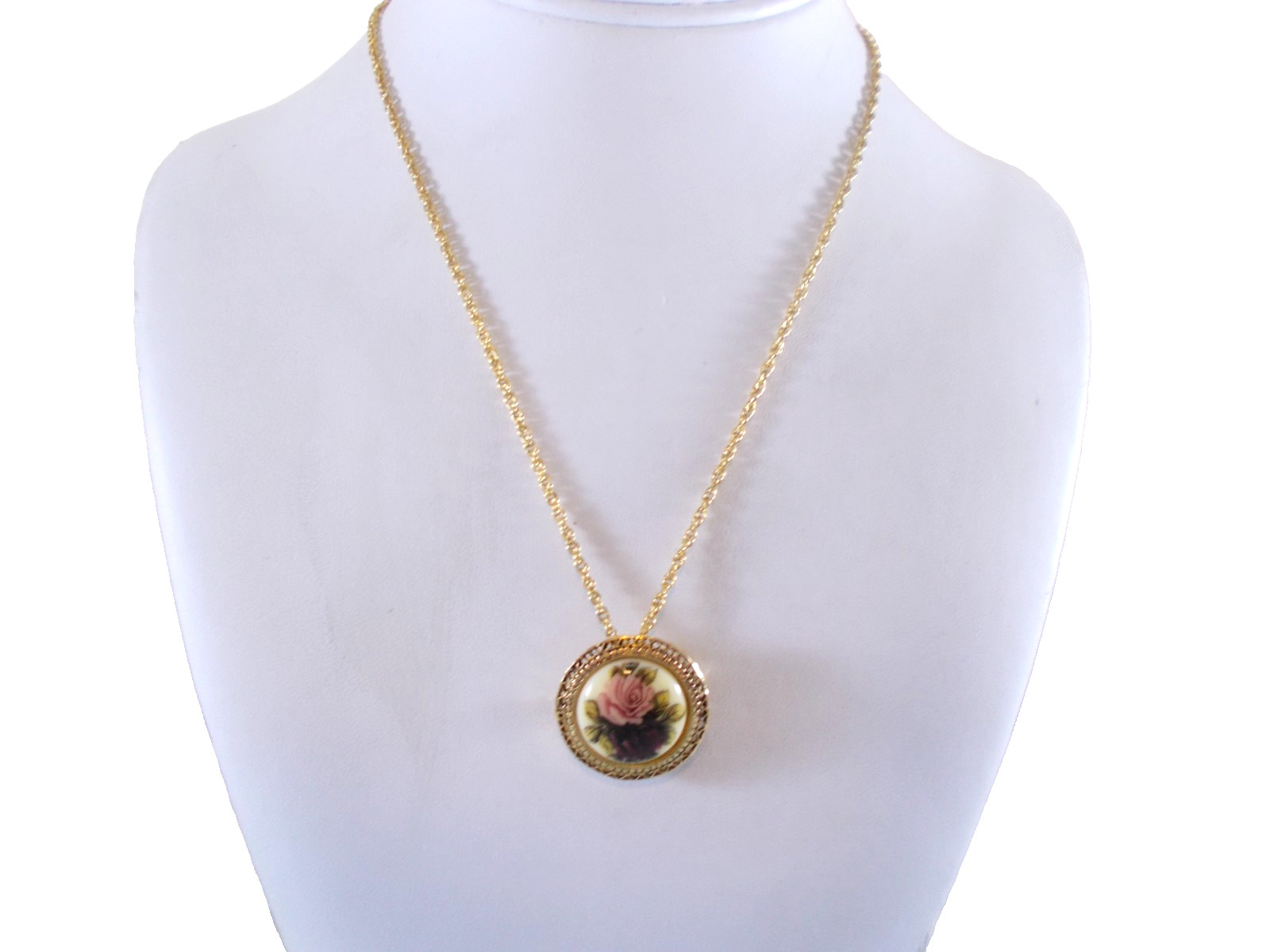 Monet Rose Motif Pin Pendant Gold Tone Necklace Free Shipping