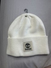 Timberland White Knit Beanie Hat Cuffed Logo Patch Winter Cap Unisex NEW