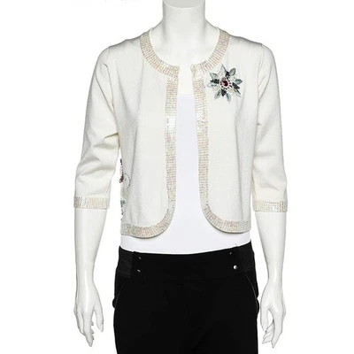 Versace Jeans Couture Blanc Soie Tricot Paillettes Agrémenté Ouvert Front Shr... - Photo 1/4