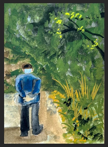 ACEO ATC Original OOAK Art Card "Hiking with Grandpa" 2.5x3.5 Gouache Painting