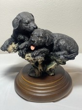 2 Black Labrador Retriever Pups On Wood Base Heavy Resin Hand Painted Figurine