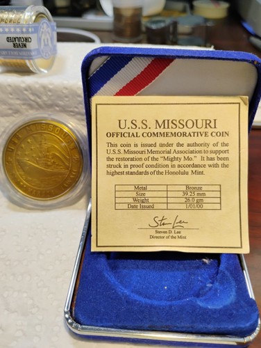 U.S.S. MISSOURI~BATTLESHIP~OFFICIAL COMMEMORATIVE COIN BU ~U.S. MINT~(BOX & COA)
