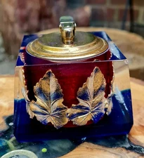 Vintage Colibri Monogas Table Lighter in Lucite Red, Blue, Metallic Leaves c70s