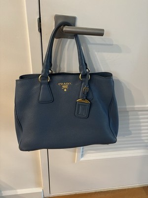 PRADA Milano Blue Vitello Daino Tote Bag Gold Hardware Double Handles Dust Bag