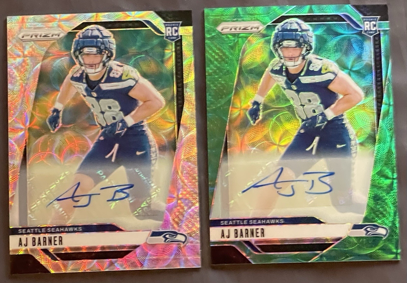 AJ Barner 2024 Panini Prizm Green Scope /75 & Choice Prizm /100 Auto’s #304 RC’s