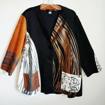 Ali Miles Boho Faux Suede Jacket Womens Sz 1X Paint Print Black, Wh, Brown Artsy