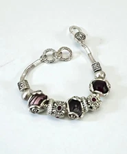 Murano Glass Style Purple Beads Acrylic Crystals Silver Tone Everyday Bracelet
