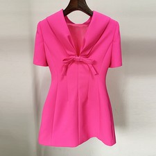 2024 Fashion New Womens Rose Pink V Neck Bow Slim Fit Short Sleeved Midi Dresses