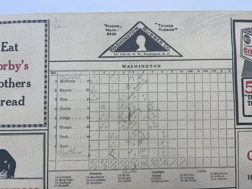 Antigua tarjeta de puntuación de béisbol 1920 Washington Boston Red Sox anuncios de colección RARA Foto 3 de 4