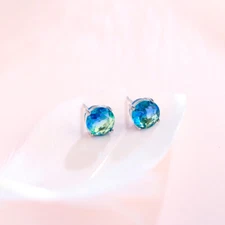 8mm Silver Plated Multi Blue Color Round CZ Stud Earring for Girl Ladies Jewelry