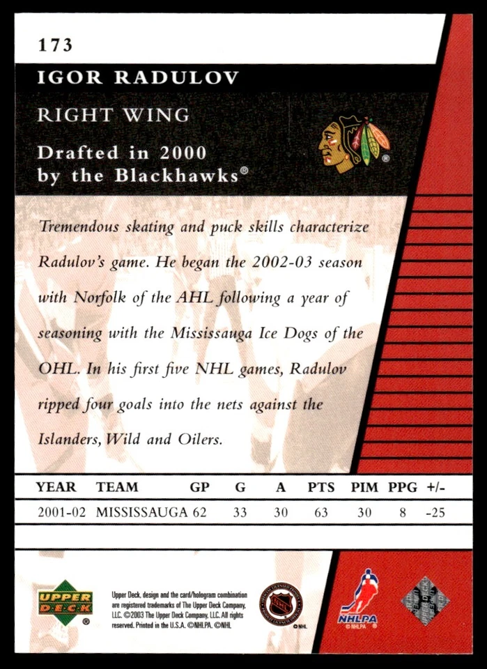 2002-03 Upper Deck Rookie Update Igor Radulov Rookie Chicago Blackhawks #173 - Image 2 of 2
